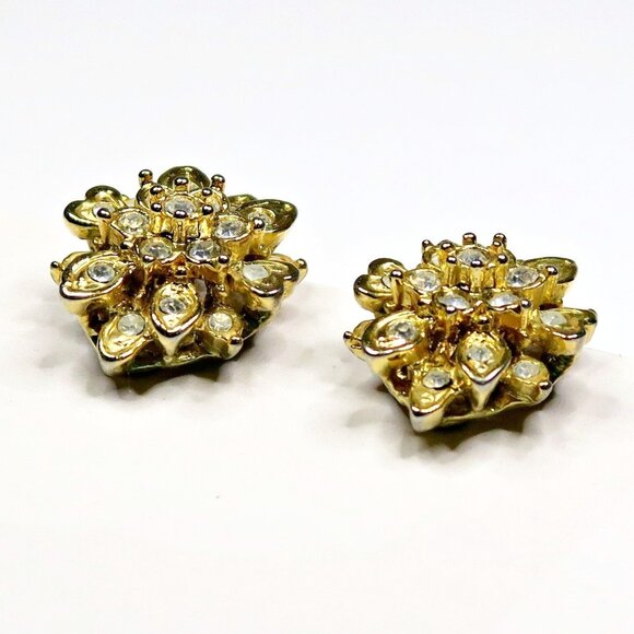 1960s-70s Gold-Tone Floral Rhinestone Clip-On Earrings Statement Jewelry - Picture 4 of 6